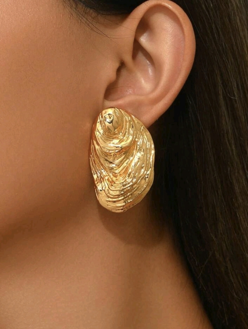Gold Shell Drop Earrings Textured Oyster Statement Coastal Resort Quiet luxury